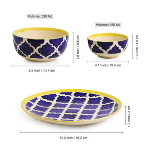 Blue - 'Moroccan Dining' Handpainted Ceramic Dinner Plates With Katoris & Serving Bowls (10 Pieces, Serving for 4)