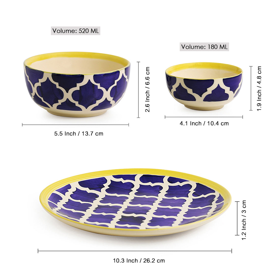 Blue - 'Moroccan Dining' Handpainted Ceramic Dinner Plates With Katoris & Serving Bowls (10 Pieces, Serving for 4)