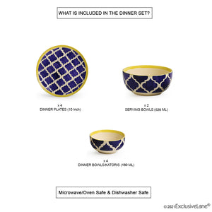 Blue - 'Moroccan Dining' Handpainted Ceramic Dinner Plates With Katoris & Serving Bowls (10 Pieces, Serving for 4)