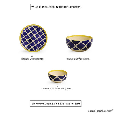 Blue - 'Moroccan Dining' Handpainted Ceramic Dinner Plates With Katoris & Serving Bowls (10 Pieces, Serving for 4)