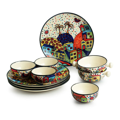 'Hut Dining' Handpainted Ceramic Dinner Plates With Katoris & Serving Bowls (10 Pieces, Serving for 4)