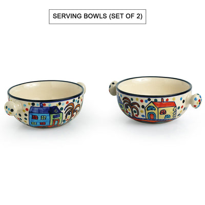 'Hut Dining' Handpainted Ceramic Dinner Plates With Katoris & Serving Bowls (10 Pieces, Serving for 4)