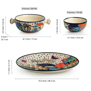 'Hut Dining' Handpainted Ceramic Dinner Plates With Katoris & Serving Bowls (10 Pieces, Serving for 4)