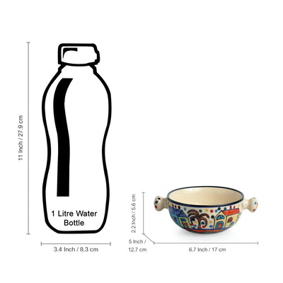 'Hut Dining' Handpainted Ceramic Dinner Plates With Katoris & Serving Bowls (10 Pieces, Serving for 4)