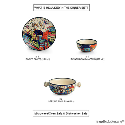 'Hut Dining' Handpainted Ceramic Dinner Plates With Katoris & Serving Bowls (10 Pieces, Serving for 4)