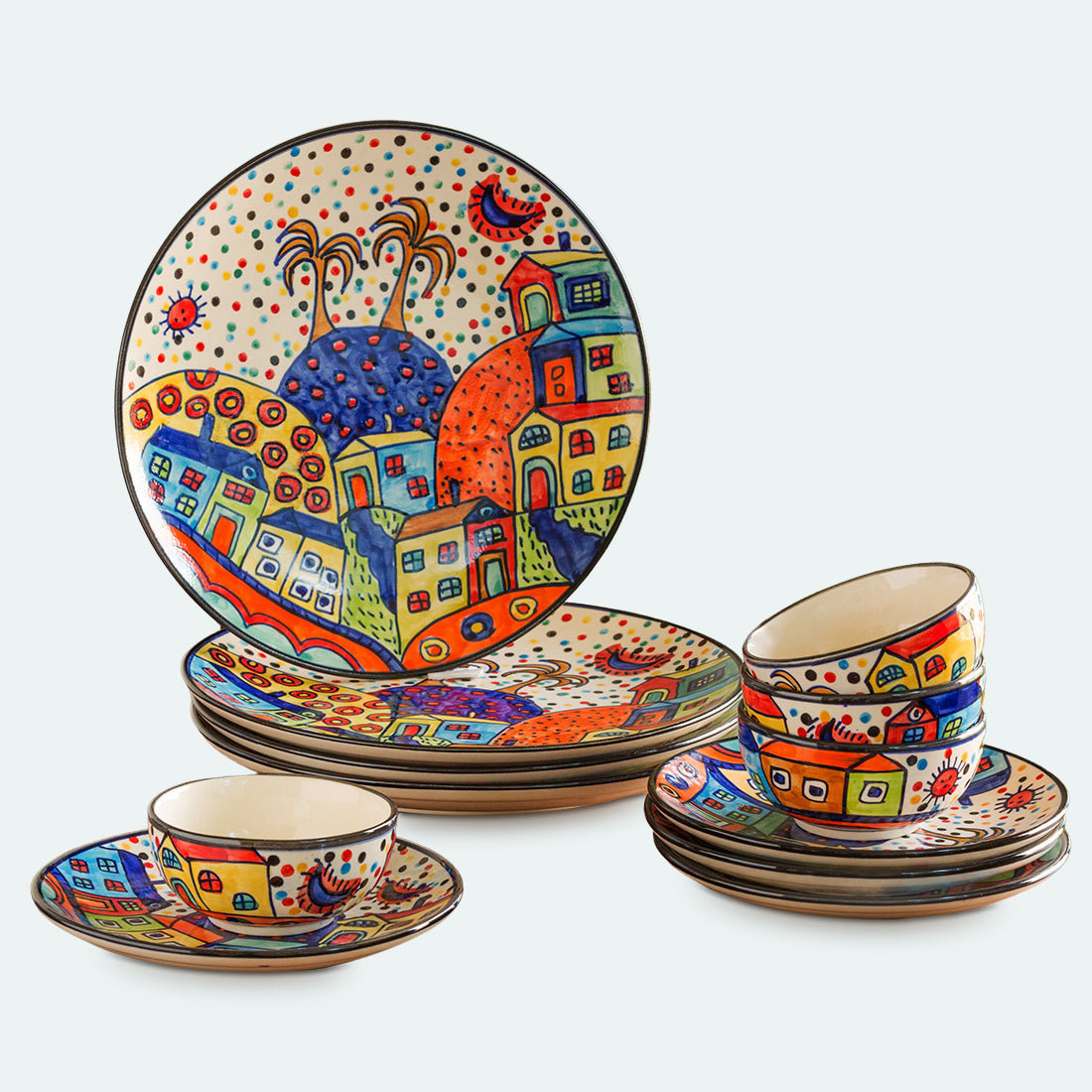 'Hut Dining' Handpainted Ceramic Dinner & Quarter Plates With Katoris (12 Pieces, Serving for 4)