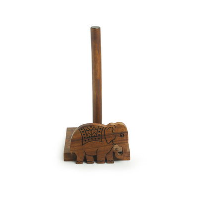'The Elephant Warriors' Hand Carved Kitchen Tissue Roll Holder In Sheesham Wood (2 Rolls)