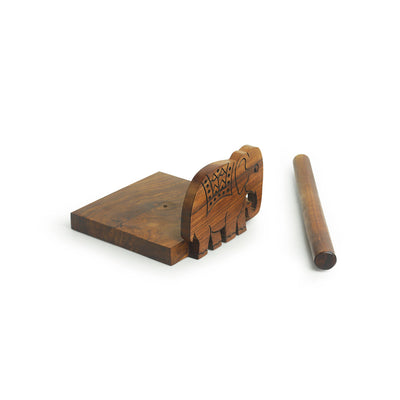 'The Elephant Warriors' Hand Carved Kitchen Tissue Roll Holder In Sheesham Wood (2 Rolls)