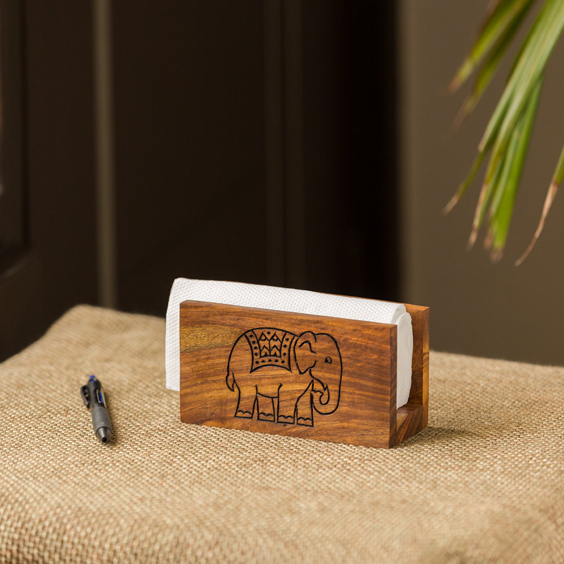 'The Elephant Warriors' Hand Carved Napkin Holder In Sheesham Wood