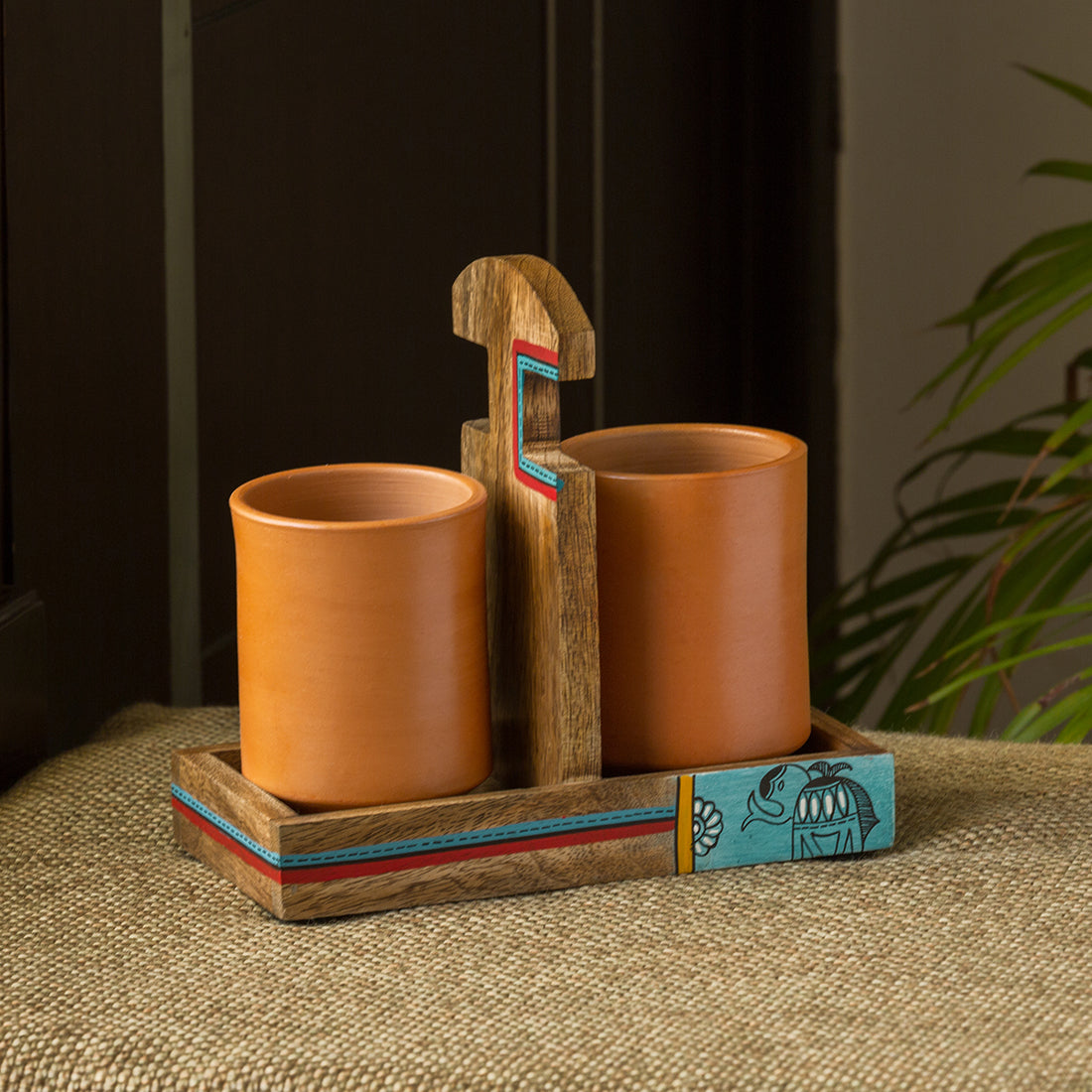 'Earthen Elephant' Handmade Coffee & Tea Glasses Set In Terracotta With Tray (Set of 2, 270 ML)