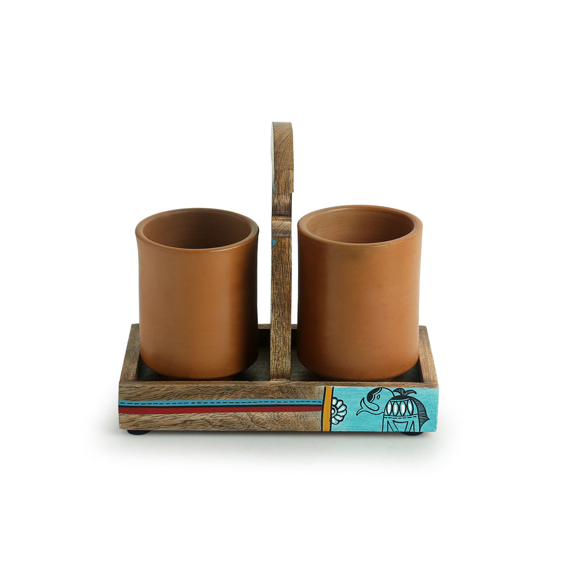 'Earthen Elephant' Handmade Coffee & Tea Glasses Set In Terracotta With Tray (Set of 2, 270 ML)