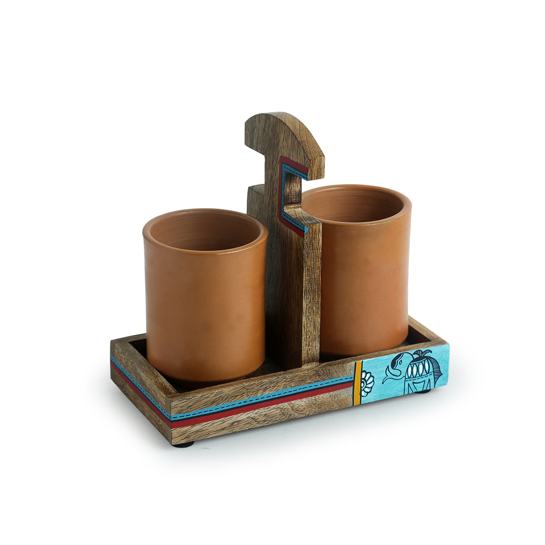 'Earthen Elephant' Handmade Coffee & Tea Glasses Set In Terracotta With Tray (Set of 2, 270 ML)