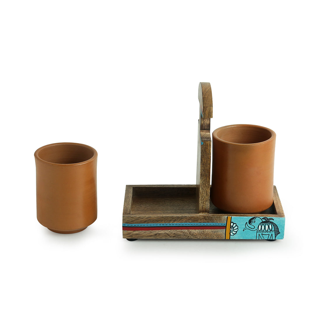 'Earthen Elephant' Handmade Coffee & Tea Glasses Set In Terracotta With Tray (Set of 2, 270 ML)