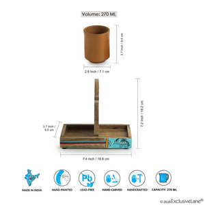 'Earthen Elephant' Handmade Coffee & Tea Glasses Set In Terracotta With Tray (Set of 2, 270 ML)