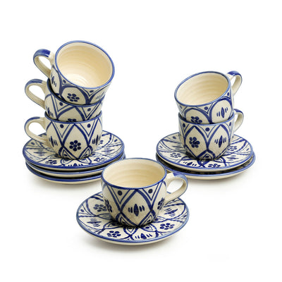 'Moroccan Floral' Handpainted Studio Pottery Tea Cups With Saucers In Ceramic (Set of 6, Microwave Safe)