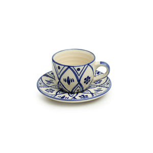 'Moroccan Floral' Handpainted Studio Pottery Tea Cups With Saucers In Ceramic (Set of 6, Microwave Safe)