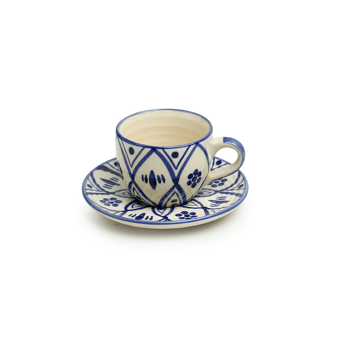 'Moroccan Floral' Handpainted Studio Pottery Tea Cups With Saucers In Ceramic (Set of 6, Microwave Safe)