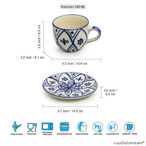 'Moroccan Floral' Handpainted Studio Pottery Tea Cups With Saucers In Ceramic (Set of 6, Microwave Safe)