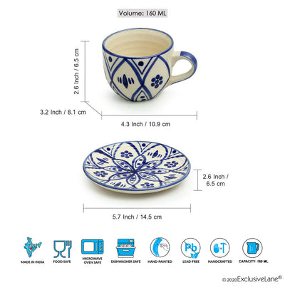 'Moroccan Floral' Handpainted Studio Pottery Tea Cups With Saucers In Ceramic (Set of 6, Microwave Safe)