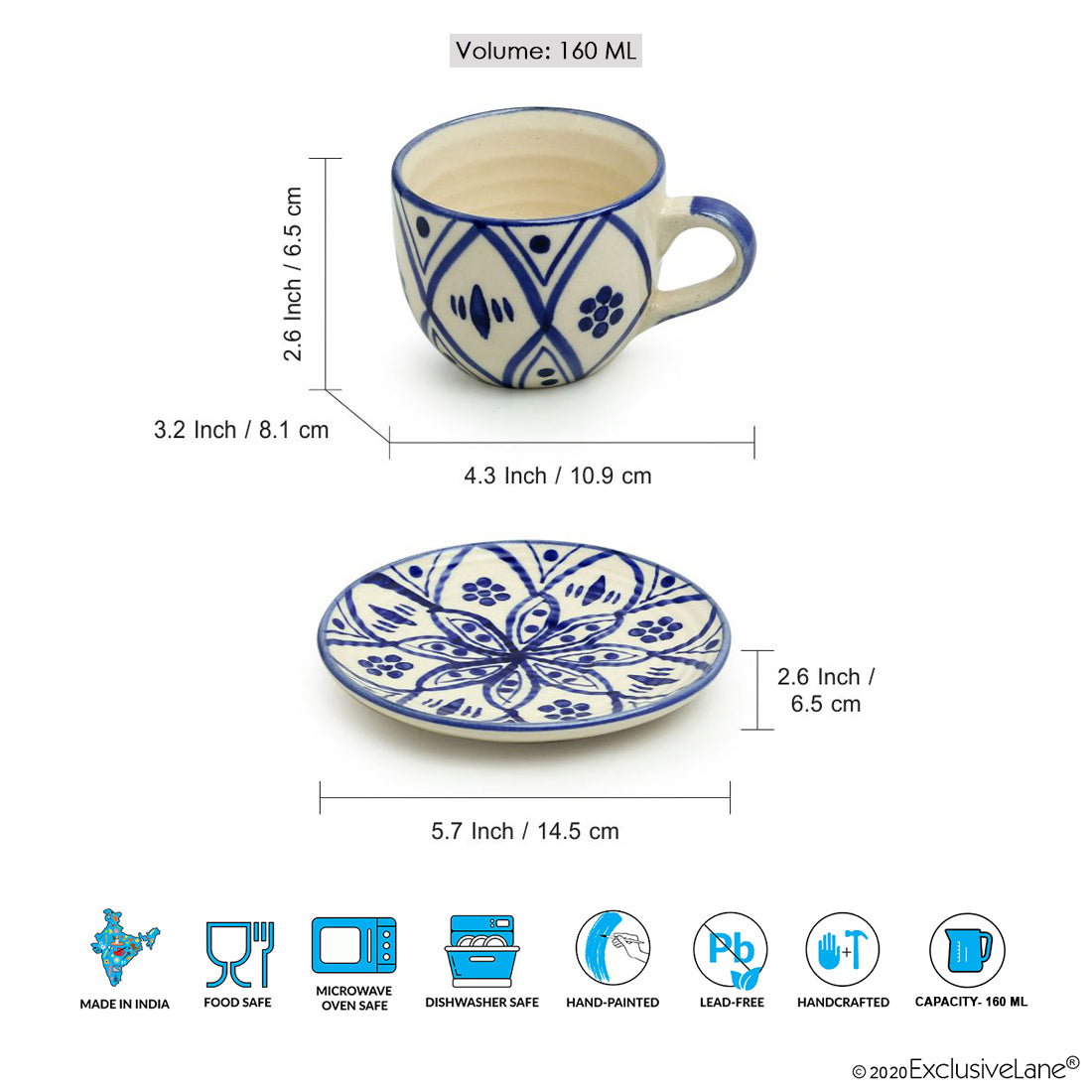 'Moroccan Floral' Handpainted Studio Pottery Tea Cups With Saucers In Ceramic (Set of 6, Microwave Safe)