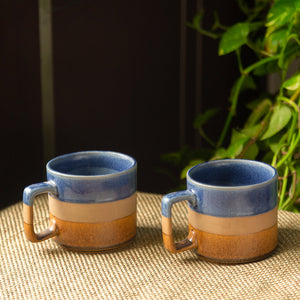 'Caramel Blues' Hand Glazed Studio Pottery Tea & Coffee Mugs In Ceramic (Set of 2, 360 ML, Microwave Safe)