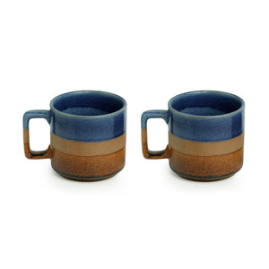 'Caramel Blues' Hand Glazed Studio Pottery Tea & Coffee Mugs In Ceramic (Set of 2, 360 ML, Microwave Safe)