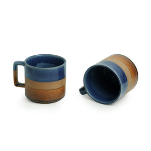 'Caramel Blues' Hand Glazed Studio Pottery Tea & Coffee Mugs In Ceramic (Set of 2, 360 ML, Microwave Safe)