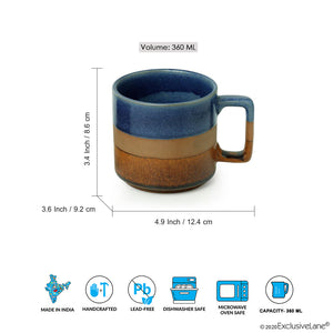 'Caramel Blues' Hand Glazed Studio Pottery Tea & Coffee Mugs In Ceramic (Set of 2, 360 ML, Microwave Safe)