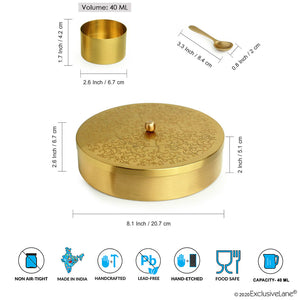 'Floral-Etched' Handcrafted Spice Box In Brass With Spoon (7 Containers, 40 ML)