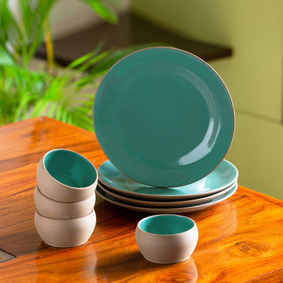 'Earthen Turquoise' Hand Glazed Dinner Plates With Katoris In Ceramic (8 Pieces, Serving for 4, Microwave Safe)