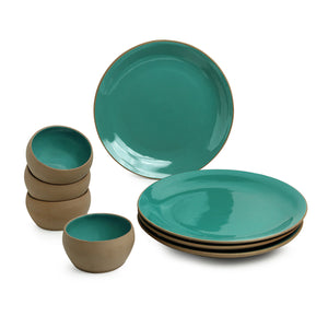 'Earthen Turquoise' Hand Glazed Dinner Plates With Katoris In Ceramic (8 Pieces, Serving for 4, Microwave Safe)