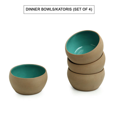 'Earthen Turquoise' Hand Glazed Dinner Plates With Katoris In Ceramic (8 Pieces, Serving for 4, Microwave Safe)