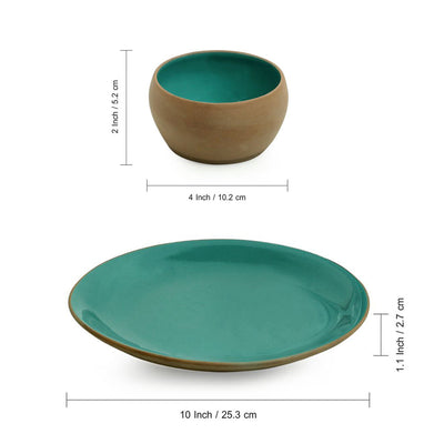 'Earthen Turquoise' Hand Glazed Dinner Plates With Katoris In Ceramic (8 Pieces, Serving for 4, Microwave Safe)