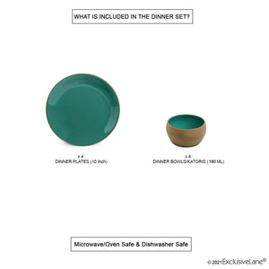 'Earthen Turquoise' Hand Glazed Dinner Plates With Katoris In Ceramic (8 Pieces, Serving for 4, Microwave Safe)