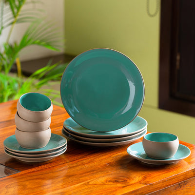 'Earthen Turquoise' Hand Glazed Dinner Plates With Side/Quarter Plates & Katoris In Ceramic (12 Pieces, Serving for 4, Microwave Safe)