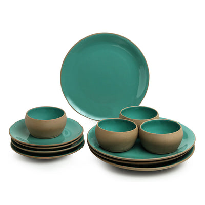 'Earthen Turquoise' Hand Glazed Dinner Plates With Side/Quarter Plates & Katoris In Ceramic (12 Pieces, Serving for 4, Microwave Safe)