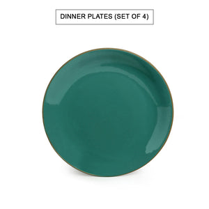 'Earthen Turquoise' Hand Glazed Dinner Plates With Side/Quarter Plates & Katoris In Ceramic (12 Pieces, Serving for 4, Microwave Safe)