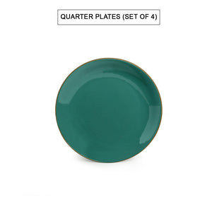 'Earthen Turquoise' Hand Glazed Dinner Plates With Side/Quarter Plates & Katoris In Ceramic (12 Pieces, Serving for 4, Microwave Safe)