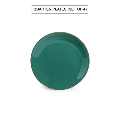 'Earthen Turquoise' Hand Glazed Dinner Plates With Side/Quarter Plates & Katoris In Ceramic (12 Pieces, Serving for 4, Microwave Safe)