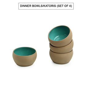 'Earthen Turquoise' Hand Glazed Dinner Plates With Side/Quarter Plates & Katoris In Ceramic (12 Pieces, Serving for 4, Microwave Safe)