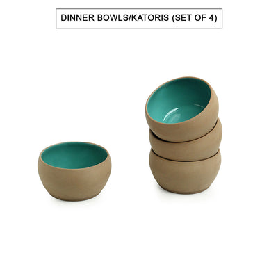 'Earthen Turquoise' Hand Glazed Dinner Plates With Side/Quarter Plates & Katoris In Ceramic (12 Pieces, Serving for 4, Microwave Safe)