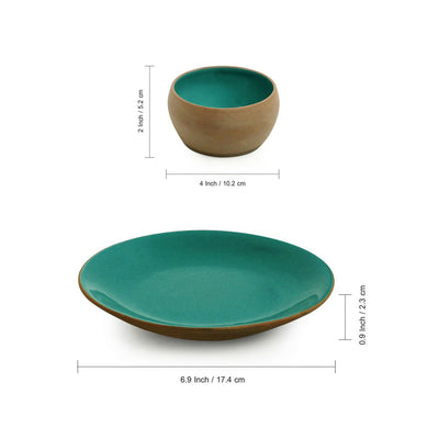 'Earthen Turquoise' Hand Glazed Dinner Plates With Side/Quarter Plates & Katoris In Ceramic (12 Pieces, Serving for 4, Microwave Safe)