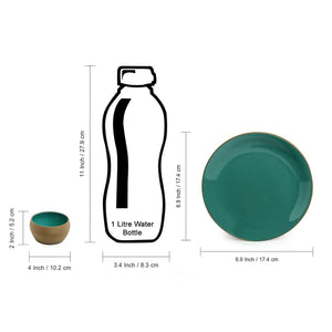'Earthen Turquoise' Hand Glazed Dinner Plates With Side/Quarter Plates & Katoris In Ceramic (12 Pieces, Serving for 4, Microwave Safe)