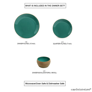 'Earthen Turquoise' Hand Glazed Dinner Plates With Side/Quarter Plates & Katoris In Ceramic (12 Pieces, Serving for 4, Microwave Safe)