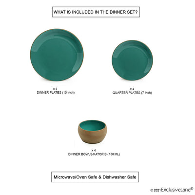 'Earthen Turquoise' Hand Glazed Dinner Plates With Side/Quarter Plates & Katoris In Ceramic (12 Pieces, Serving for 4, Microwave Safe)