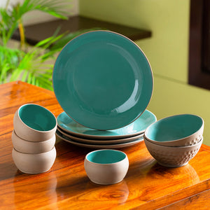 'Earthen Turquoise' Hand Glazed Dinner Plates With Serving Bowls & Katoris In Ceramic (10 Pieces, Serving for 4, Microwave Safe)