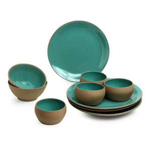 'Earthen Turquoise' Hand Glazed Dinner Plates With Serving Bowls & Katoris In Ceramic (10 Pieces, Serving for 4, Microwave Safe)