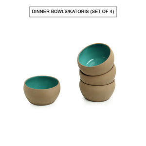 'Earthen Turquoise' Hand Glazed Dinner Plates With Serving Bowls & Katoris In Ceramic (10 Pieces, Serving for 4, Microwave Safe)