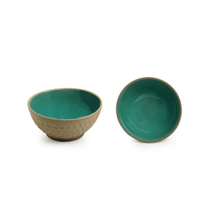 'Earthen Turquoise' Hand Glazed Dinner Plates With Serving Bowls & Katoris In Ceramic (10 Pieces, Serving for 4, Microwave Safe)