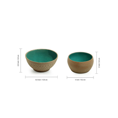 'Earthen Turquoise' Hand Glazed Dinner Plates With Serving Bowls & Katoris In Ceramic (10 Pieces, Serving for 4, Microwave Safe)